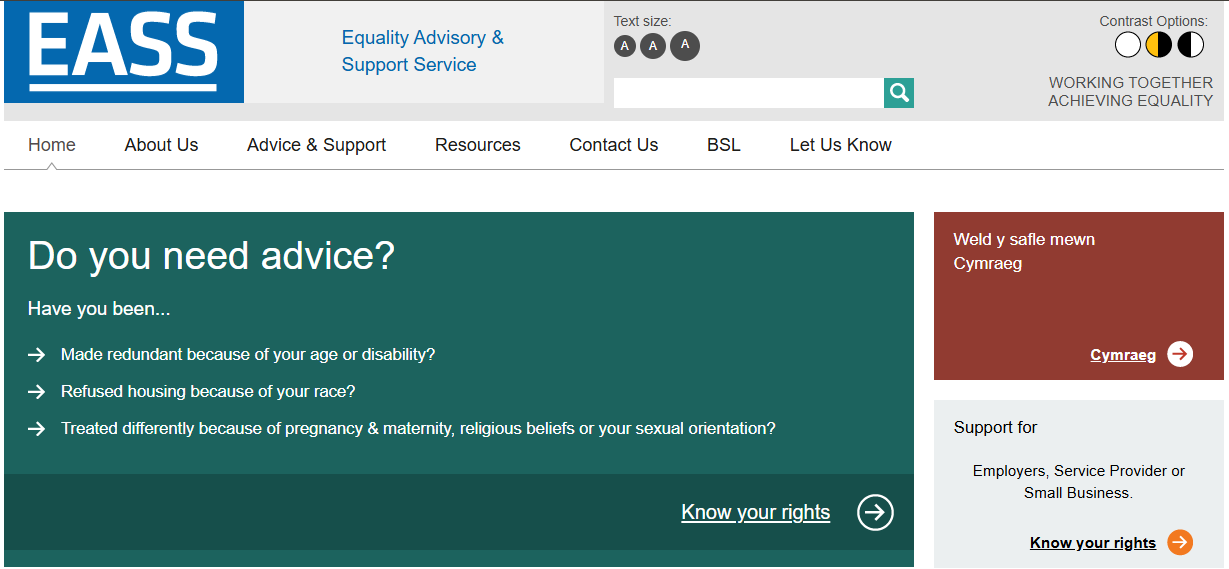 A screen grab of the Equality Advisory and Suppot Service website