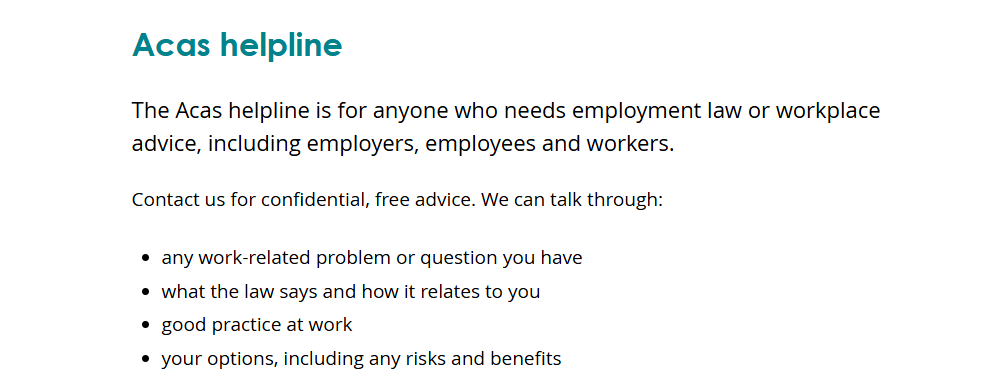 A screen grab of the Acas helpline webpage